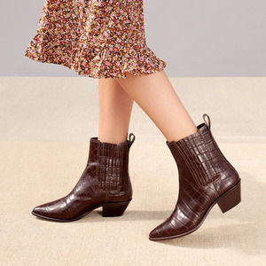 Loeffler Randall Aylin Brown Croc Embossed Boots Ankle Low Block Heel Sz 9